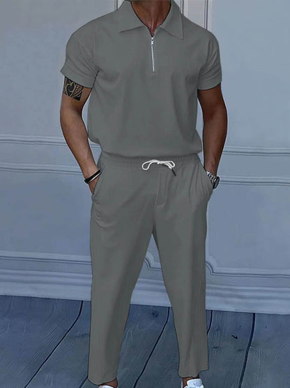 Men's Full Size Quarter Zip Short Sleeve Polo and Pants Set Plus Size - Tredona LLC