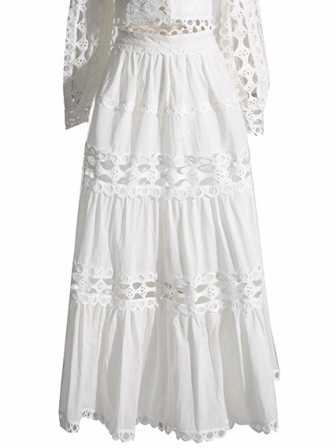 Lace Button Up Long Sleeve Top and Skirt Set - Tredona LLC