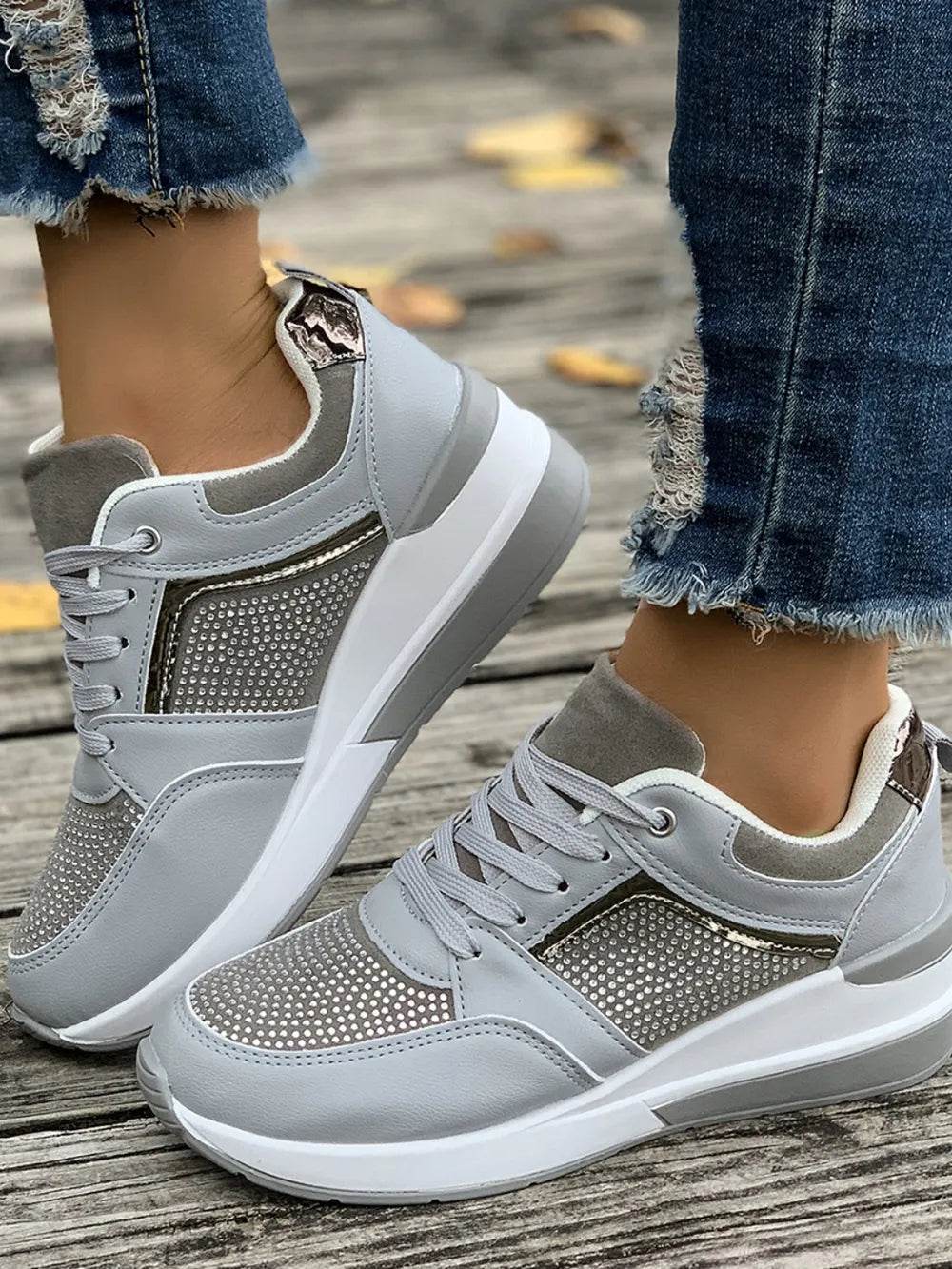 Lace-Up Rhinestone Wedge Sneakers - Tredona LLC