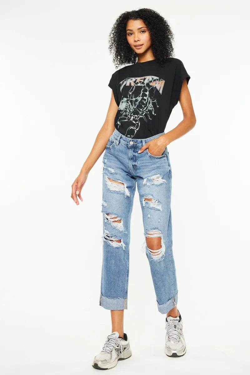Kancan Mid Rise Distressed Boyfriend Fit Jeans - Tredona LLC