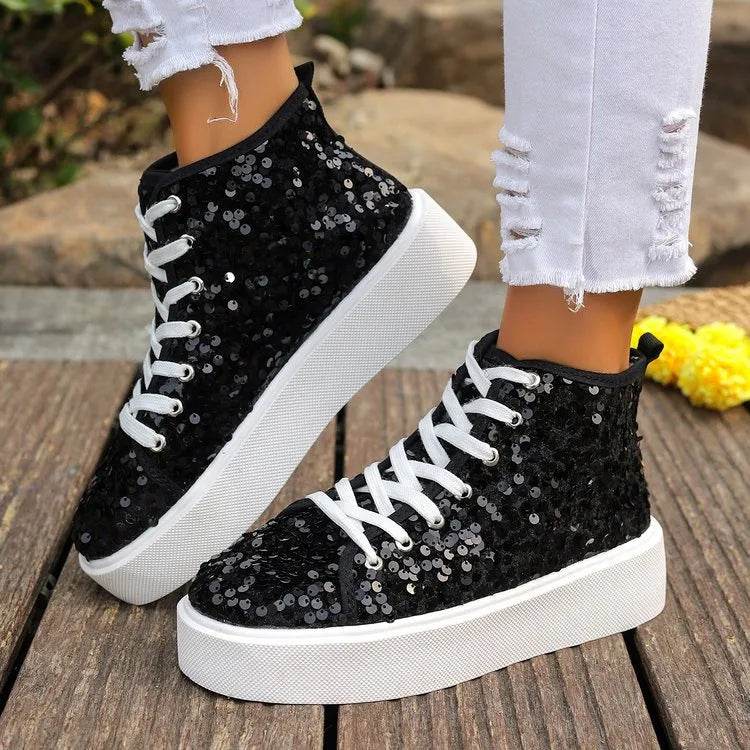 Sequin Round Toe Platform Sneakers - Tredona LLC