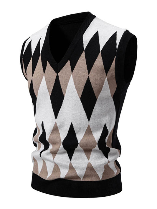Men's Plus Size Diamond Pattern V-Neck Sweater Vest - Tredona LLC