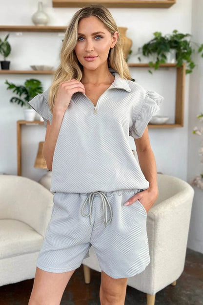 Double Take Full Size Texture Flounce Sleeve Top and Drawstring Shorts Set - Tredona LLC