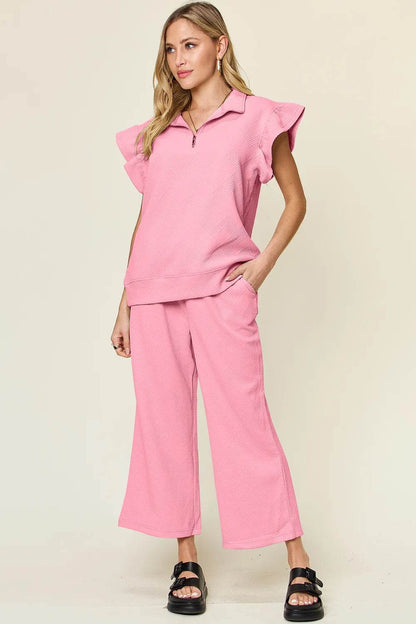 Double Take Texture Ruffle Short Sleeve Top and Drawstring Wide Leg Pants Set - Tredona LLC