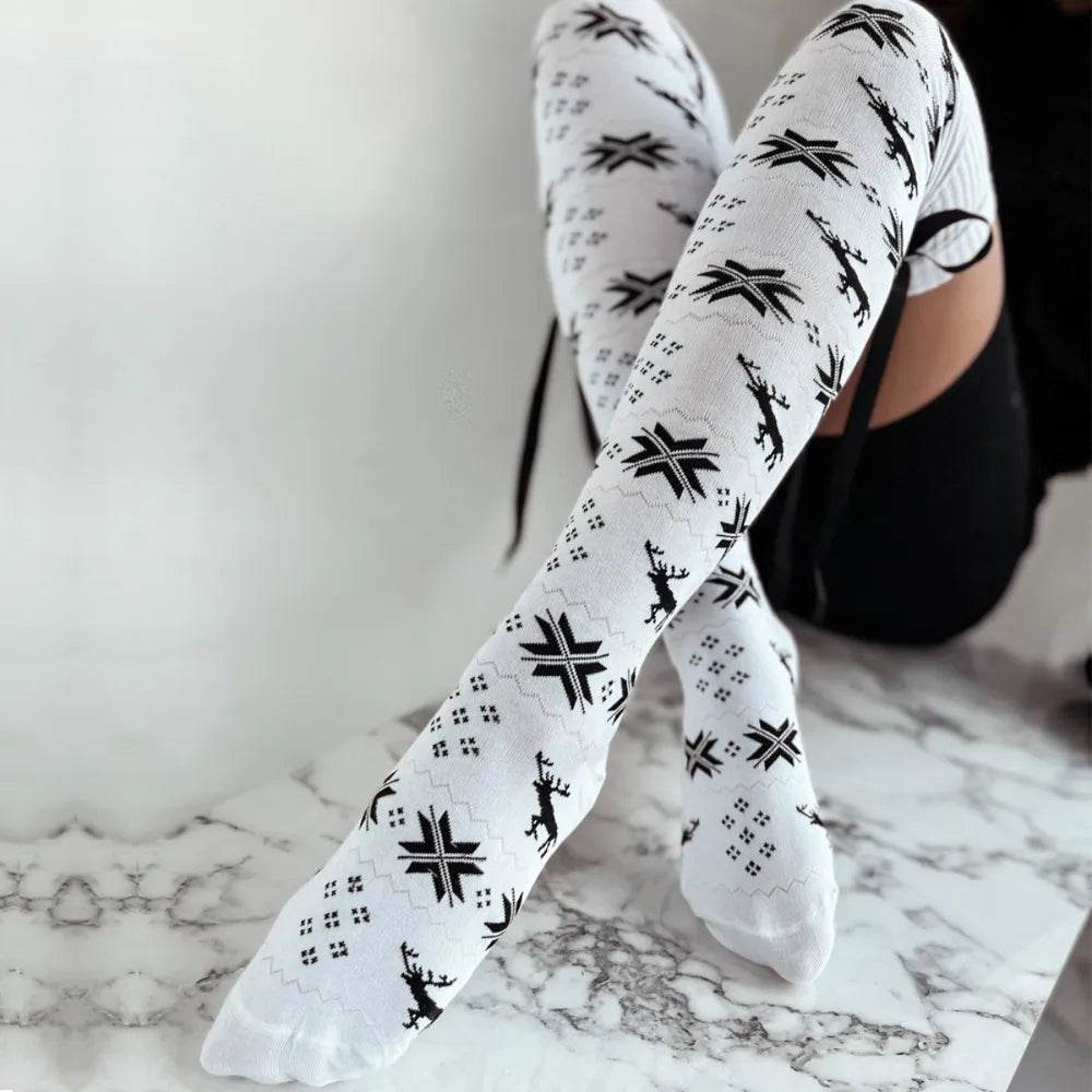 Christmas Element Bowknot Ribbed Trim Over Knee Stockings - Tredona LLC