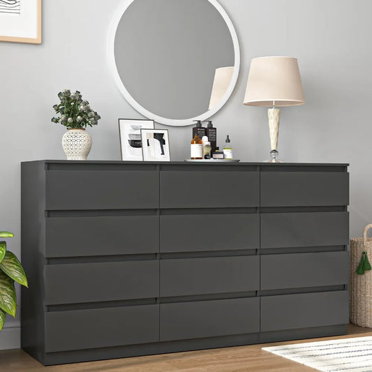 Black Dresser for Bedroom,Modern Long 12 Drawer Dresser with Deep Drawer,Wood Storage Chest of Drawer, Bedroom Storage Organizer