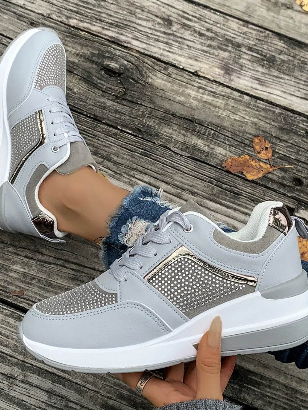 Lace-Up Rhinestone Wedge Sneakers - Tredona LLC