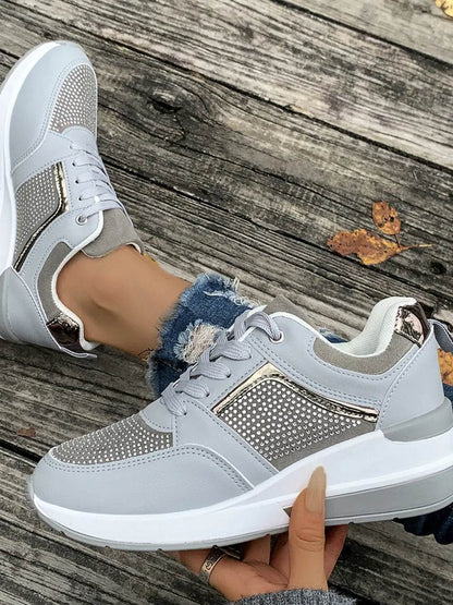 Lace-Up Rhinestone Wedge Sneakers - Tredona LLC