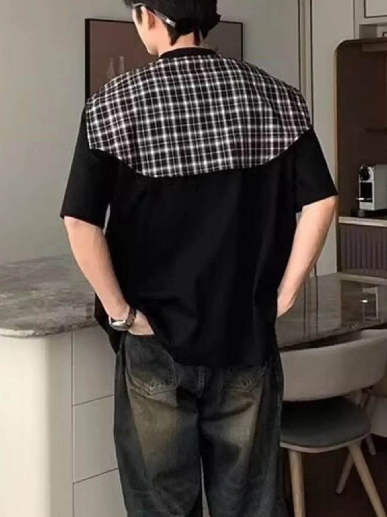Men's Full Size Oversized T-Shirt with Plaid Shawl Plus Size - Tredona LLC