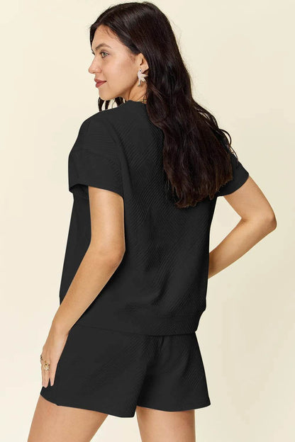 Double Take Full Size Texture Short Sleeve T-Shirt and Drawstring Shorts Set - Tredona LLC