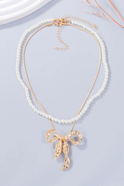 Synthetic Pearl Necklace, Bow Necklace and Bow Earrings Jewelry Set - Tredona LLC
