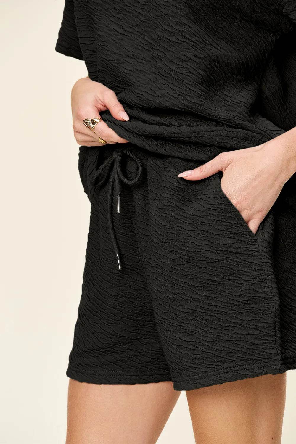 Double Take Full Size Texture Short Sleeve T-Shirt and Drawstring Shorts Set - Tredona LLC