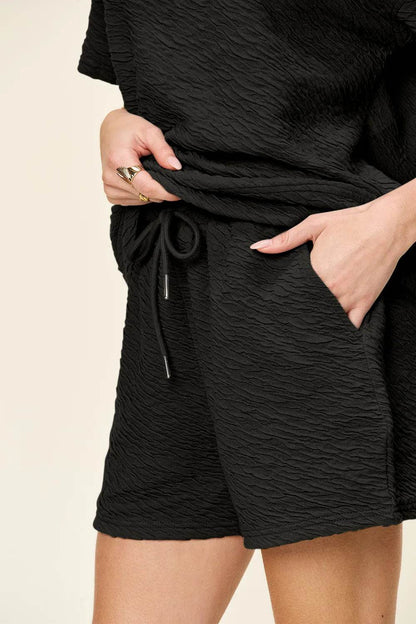 Double Take Full Size Texture Short Sleeve T-Shirt and Drawstring Shorts Set - Tredona LLC
