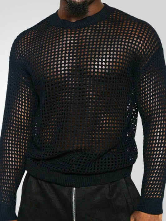 Men's Full Size Hollow Out Round Neck Long Sleeve Top Plus Size - Tredona LLC