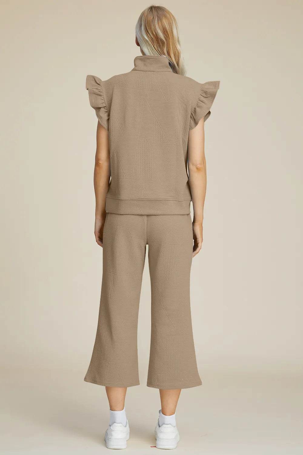 Double Take Full Size Texture Ruffle Short Sleeve Top and Wide Leg Pants Set - Tredona LLC