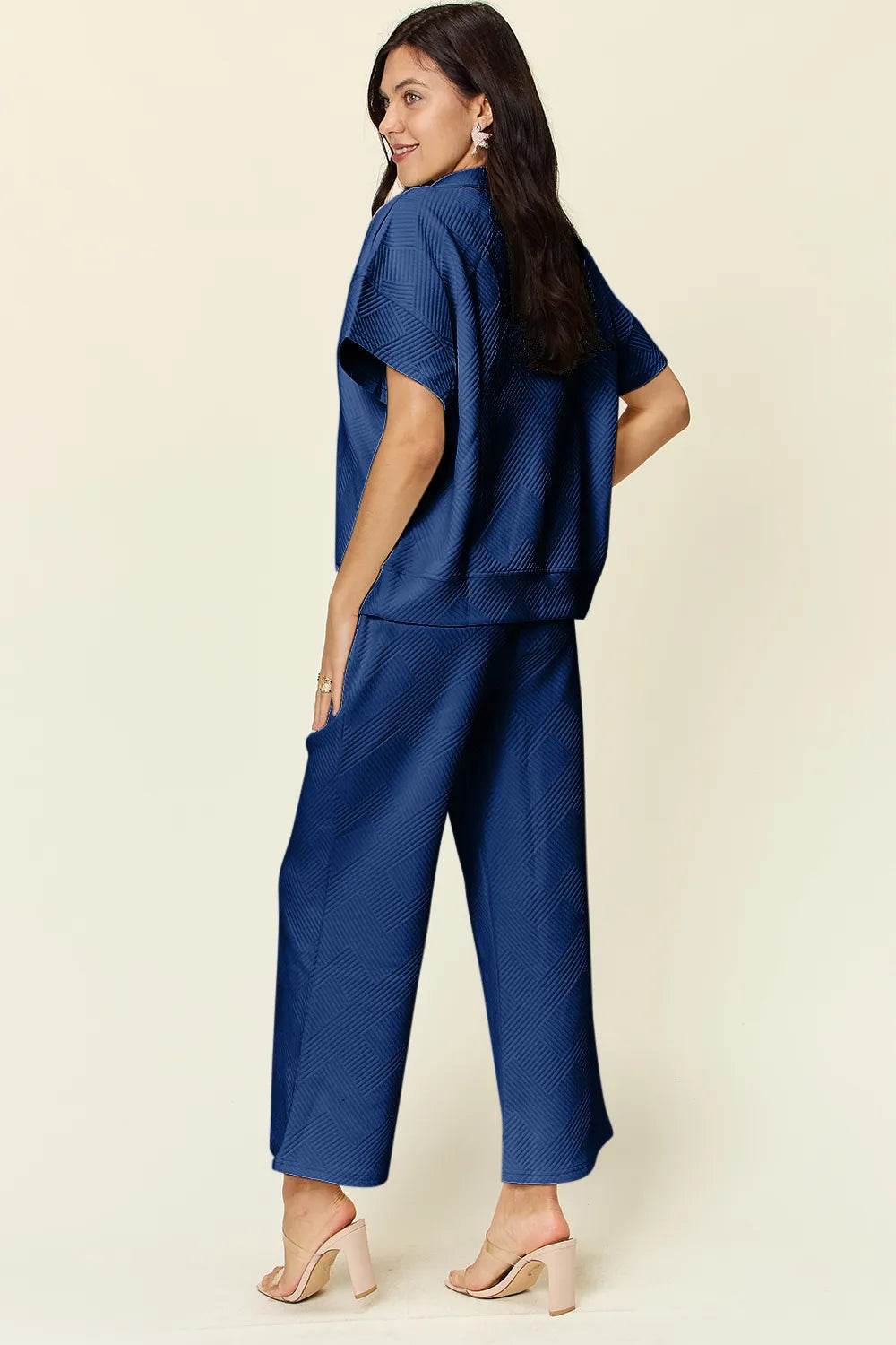 Double Take Full Size Texture Half Zip Short Sleeve Top and Pants Set - Tredona LLC