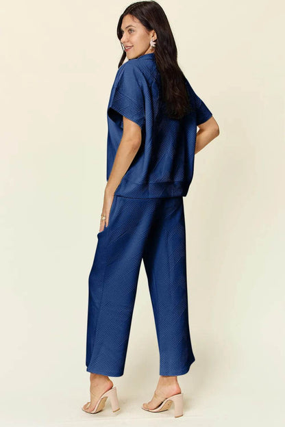 Double Take Full Size Texture Half Zip Short Sleeve Top and Pants Set - Tredona LLC