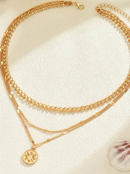 18K Gold-Plated Layered Necklace with Sun Medallion Pendant - Tredona LLC
