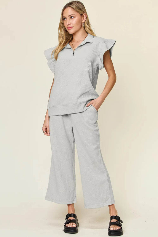 Double Take Texture Ruffle Short Sleeve Top and Drawstring Wide Leg Pants Set - Tredona LLC