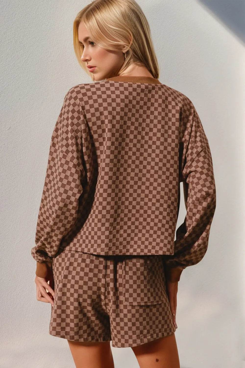 Double Take Checkered Half Button Top and Shorts Set - Tredona LLC