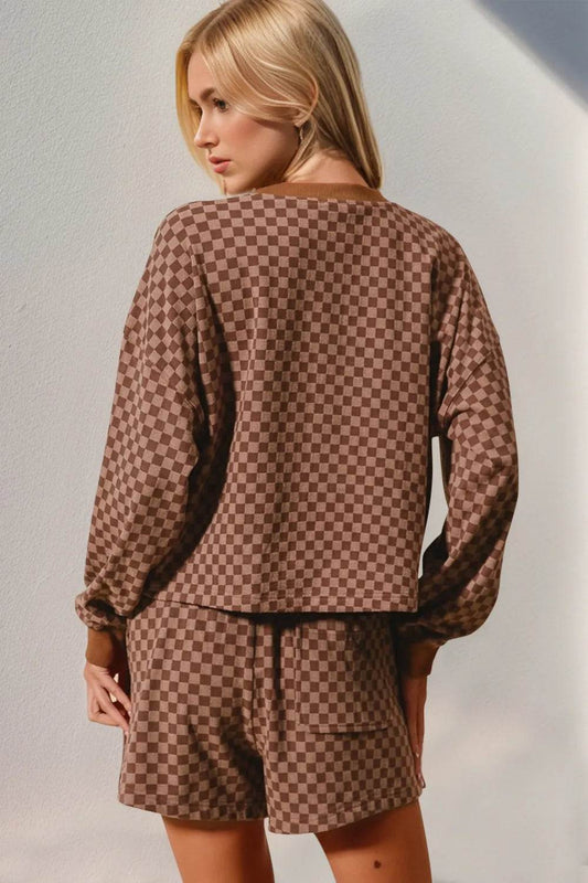 Double Take Checkered Half Button Top and Shorts Set - Tredona LLC