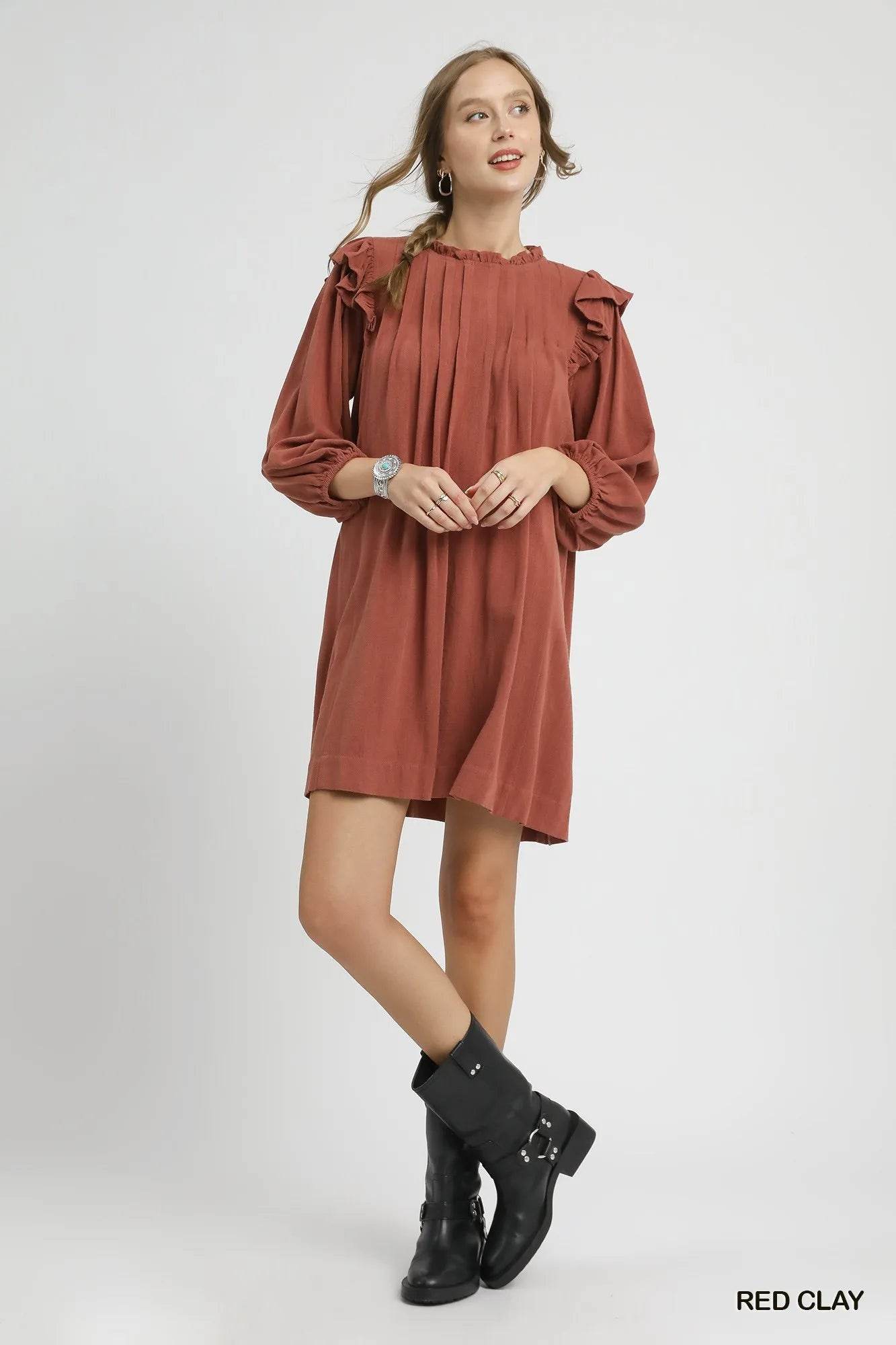 Umgee Linen Ruffle Shoulder Pleated Babydoll Dress - Tredona LLC
