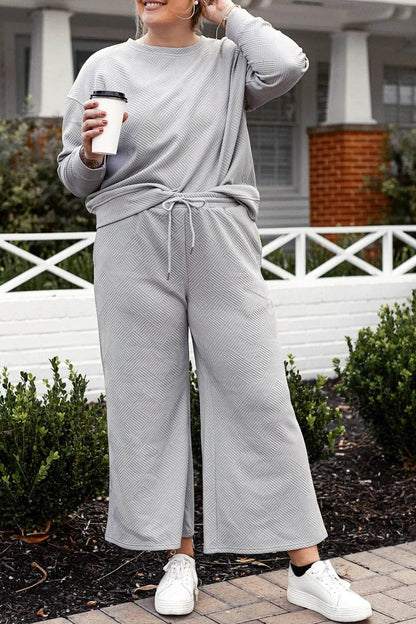 Double Take Full Size Textured Long Sleeve Top and Drawstring Pants Set - Tredona LLC