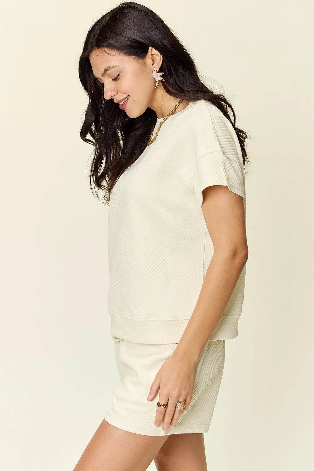 Double Take Full Size Texture Short Sleeve T-Shirt and Drawstring Shorts Set - Tredona LLC