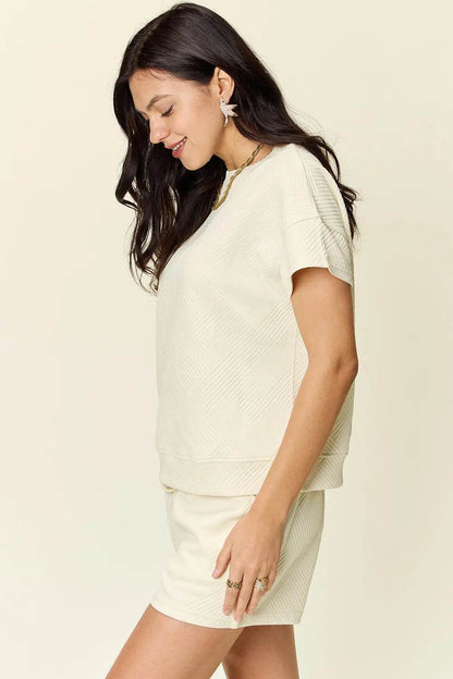 Double Take Full Size Texture Short Sleeve T-Shirt and Drawstring Shorts Set - Tredona LLC
