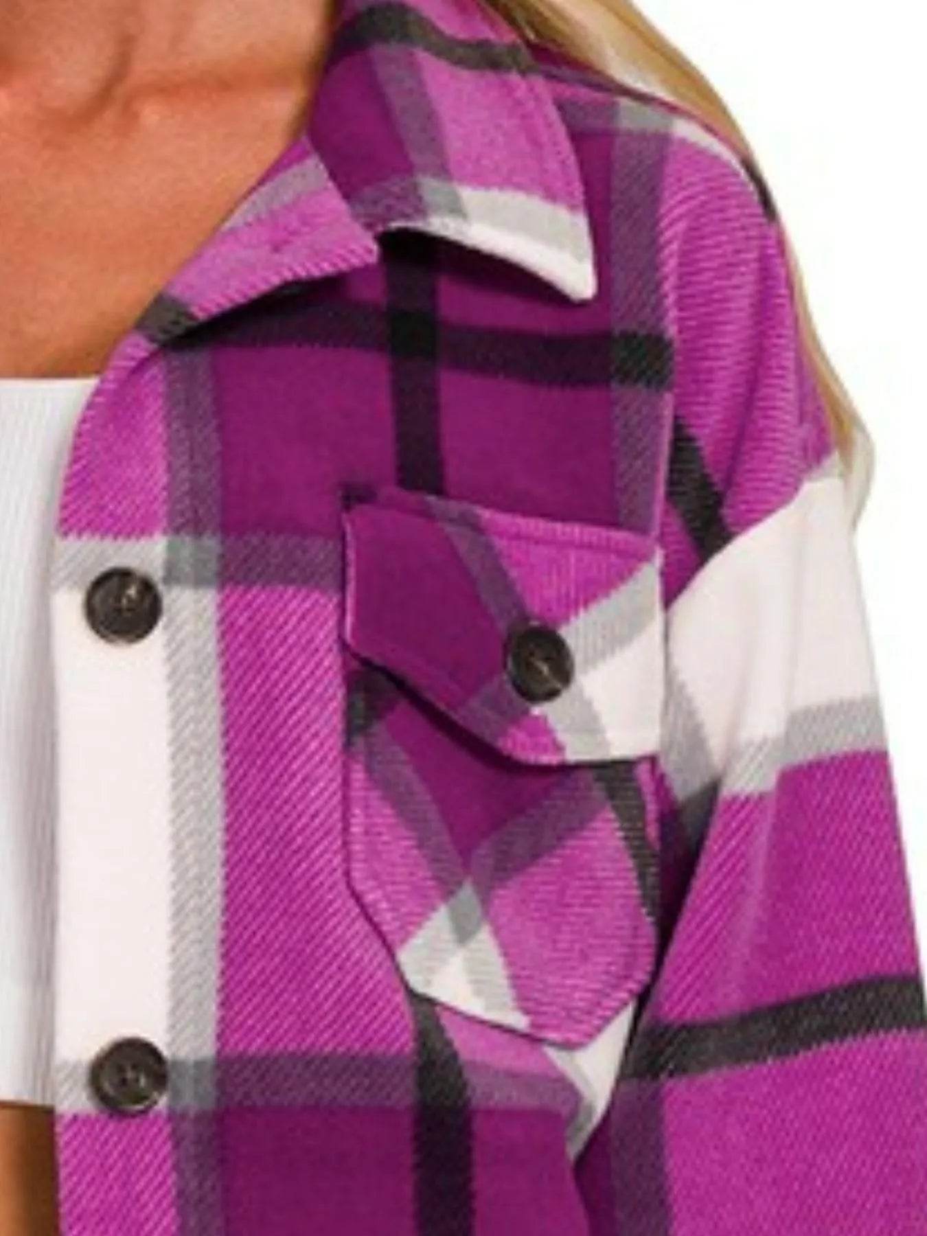 Zenana Oversized Plaid Fleece Shacket - Tredona LLC