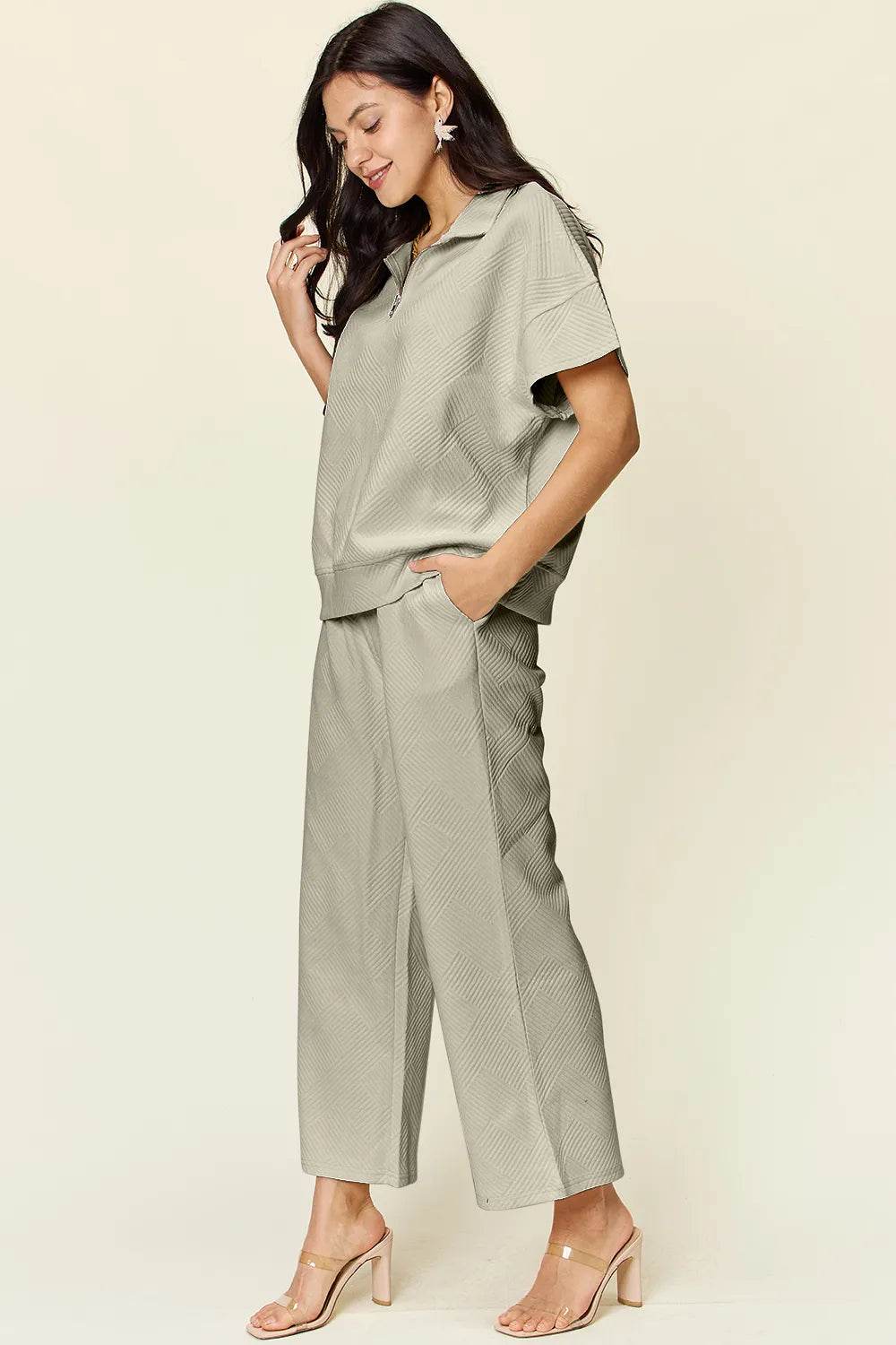 Double Take Full Size Texture Half Zip Short Sleeve Top and Pants Set - Tredona LLC