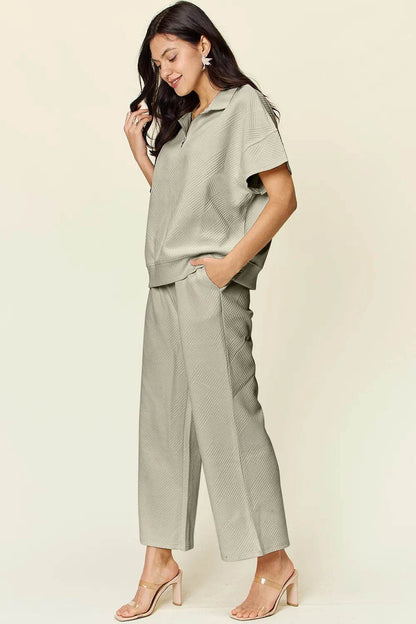 Double Take Full Size Texture Half Zip Short Sleeve Top and Pants Set - Tredona LLC