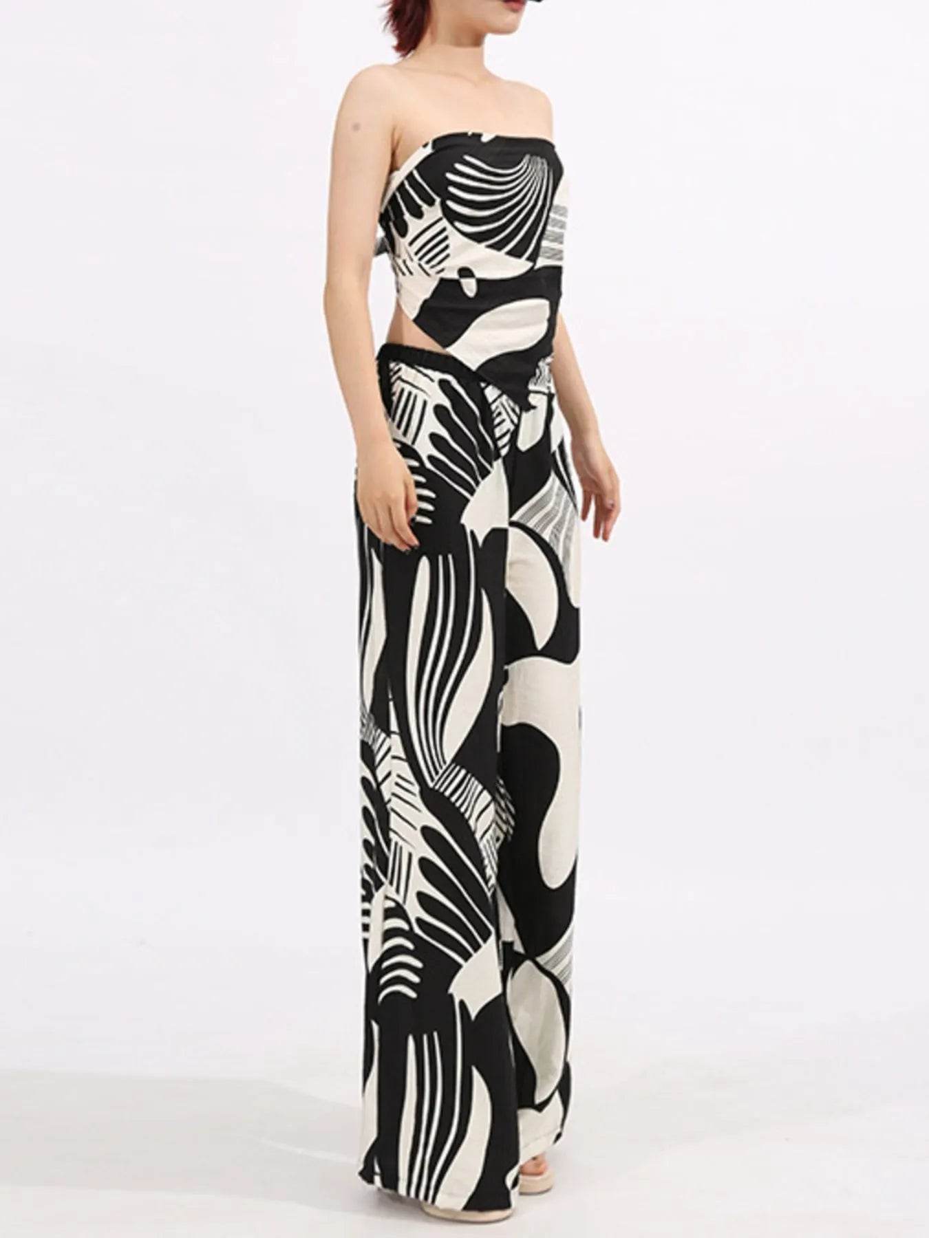 Abstract Print Tube Top and Wide Leg Pants Two-Piece Set - Tredona LLC