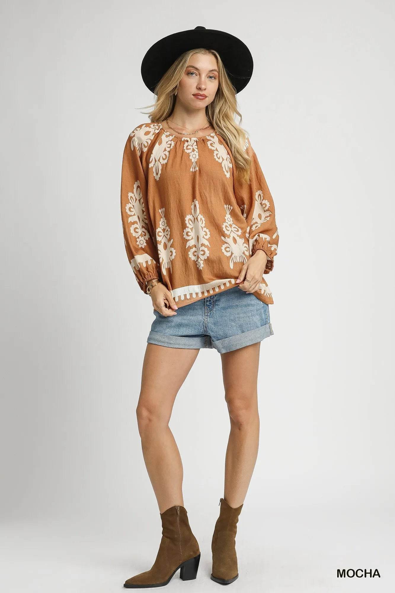 Umgee Full Size Two Tone Border Print Top with Balloon Sleeves Plus Size - Tredona LLC