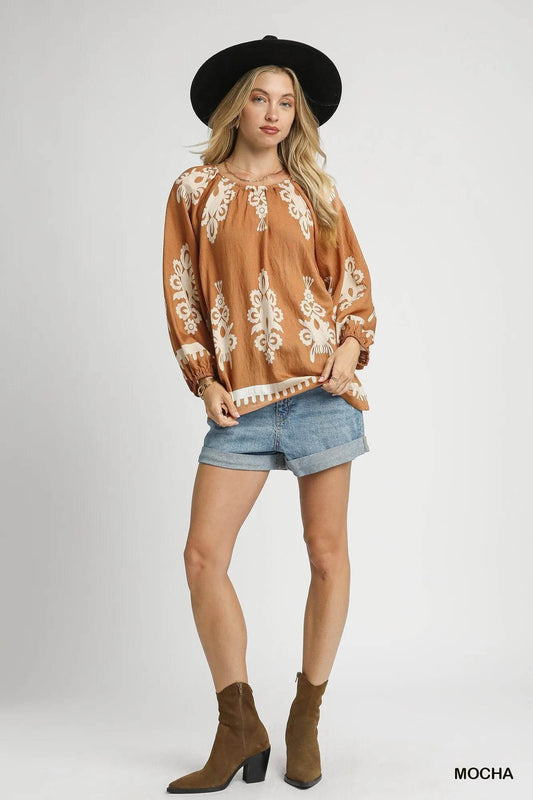 Umgee Full Size Two Tone Border Print Top with Balloon Sleeves Plus Size - Tredona LLC