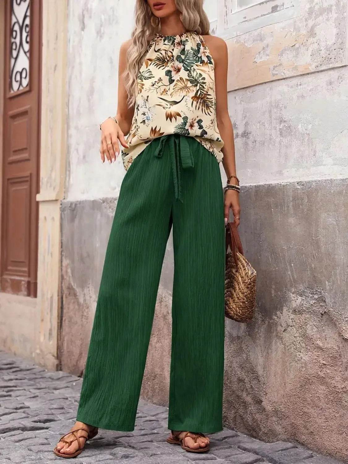 Printed Tank Top and Wide Leg Pants Set - Tredona LLC