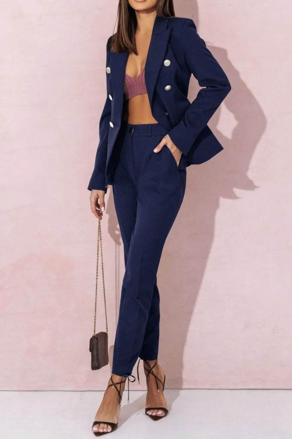 Full Size Lapel Collar Long Sleeve Blazer and Pants Set Plus Size - Tredona LLC