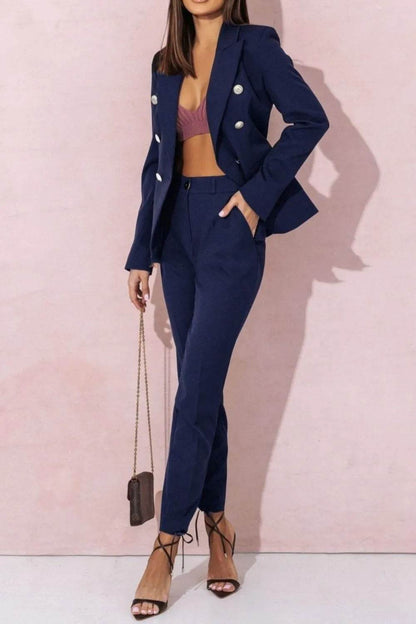 Full Size Lapel Collar Long Sleeve Blazer and Pants Set Plus Size - Tredona LLC