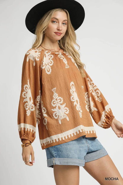Umgee Full Size Two Tone Border Print Top with Balloon Sleeves Plus Size - Tredona LLC