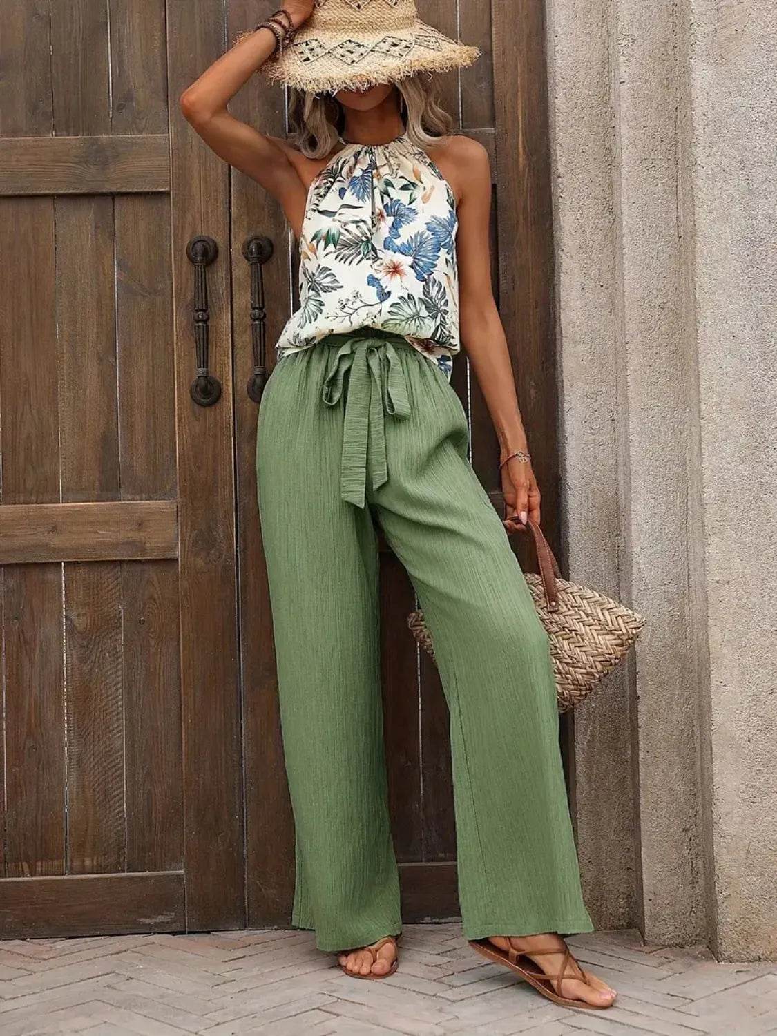 Printed Tank Top and Wide Leg Pants Set - Tredona LLC