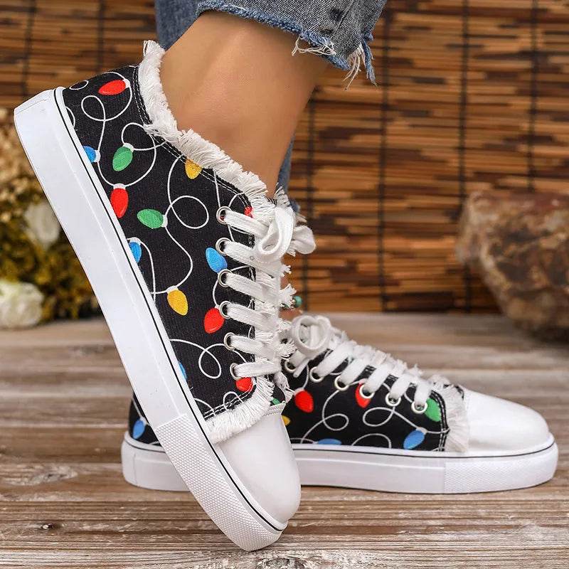 Raw Hem Printed Round Toe Sneakers - Tredona LLC