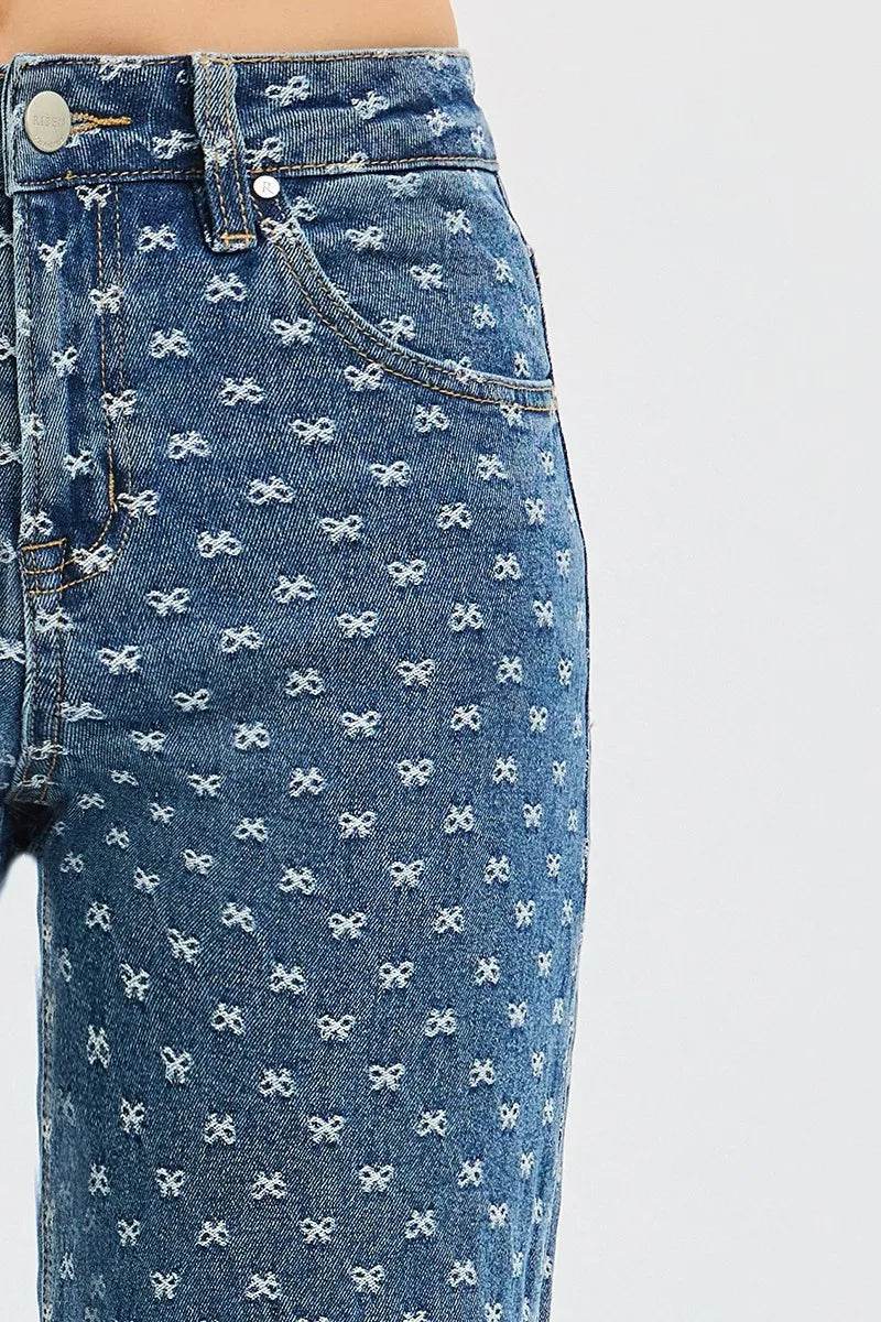 RISEN High Rise Wide Leg Bow Embroidered Jeans - Tredona LLC