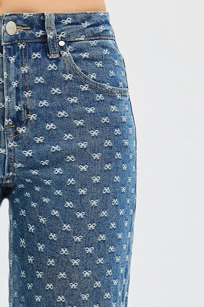 RISEN High Rise Wide Leg Bow Embroidered Jeans - Tredona LLC