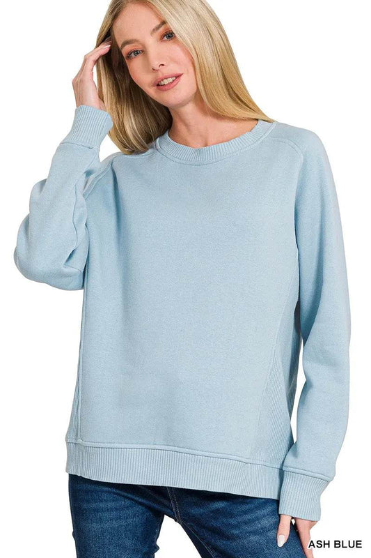 Zenana Fleece Round Neck Ribbed Side Raglan Sweatshirt - Tredona LLC