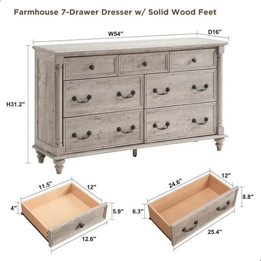 Rustic Country Style 7-Drawer Wood Dresser with Solid Feet and Column Accents for Bedroom