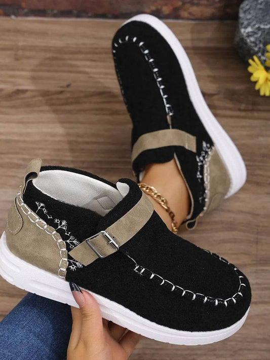 Contrast Round Toe Buckle Sneakers - Tredona LLC