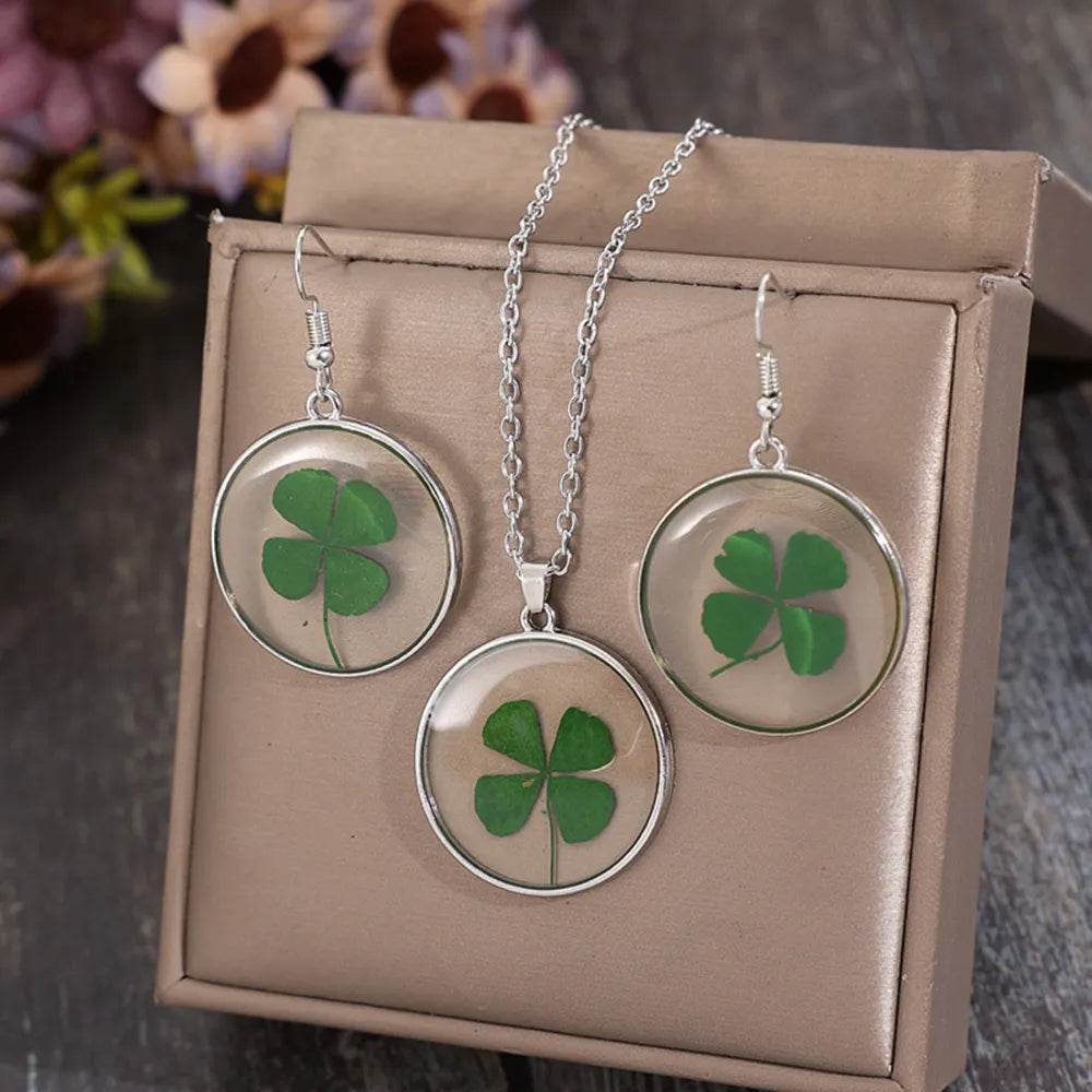 Lucky Clover Alloy Acrylic Earrings and Necklace Jewelry Set - Tredona LLC