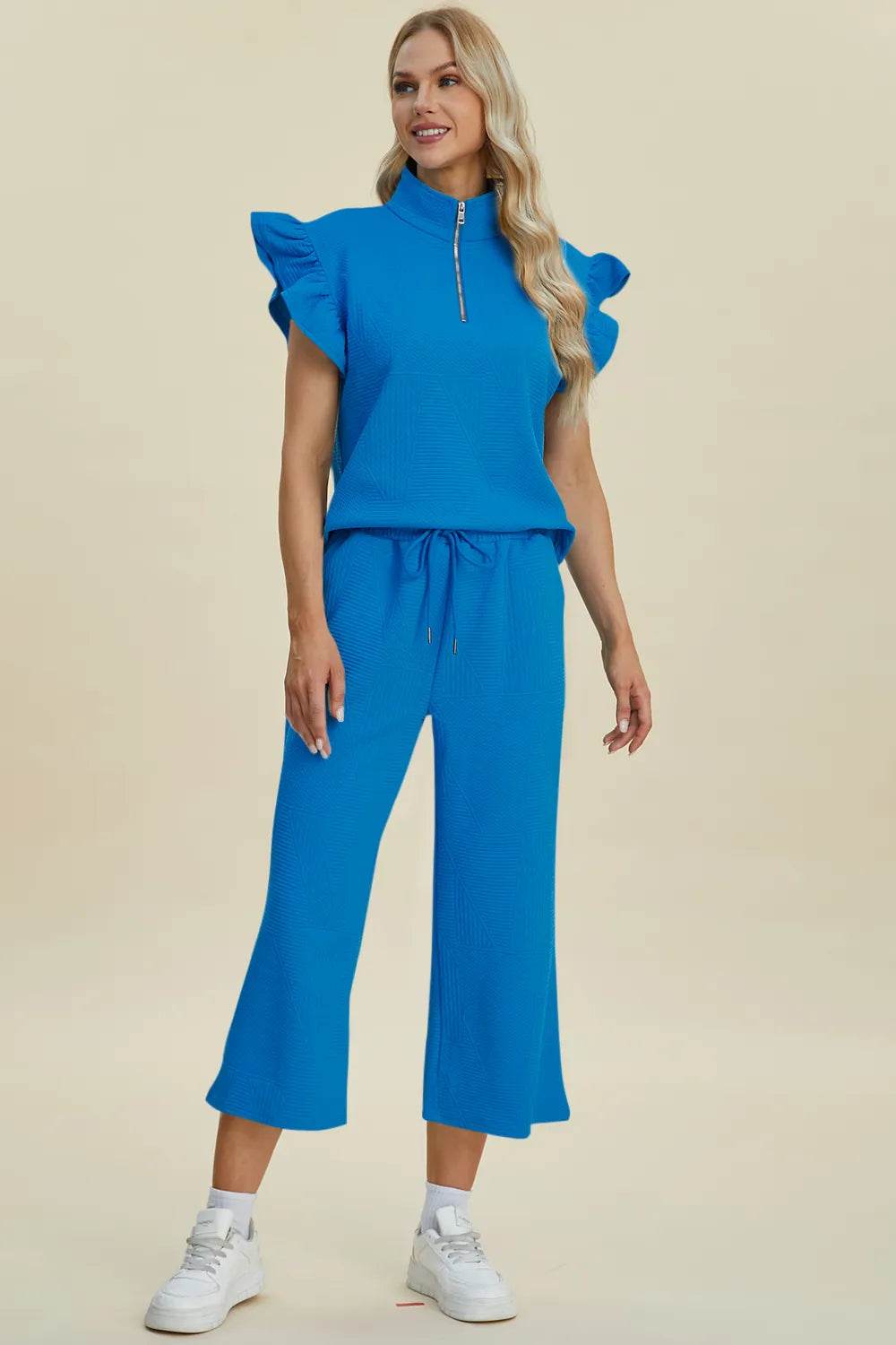 Double Take Full Size Texture Ruffle Short Sleeve Top and Wide Leg Pants Set - Tredona LLC