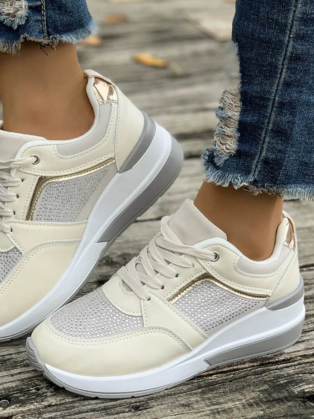 Lace-Up Rhinestone Wedge Sneakers - Tredona LLC