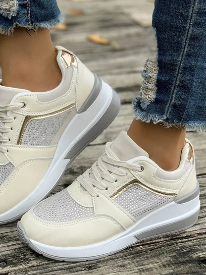 Lace-Up Rhinestone Wedge Sneakers - Tredona LLC